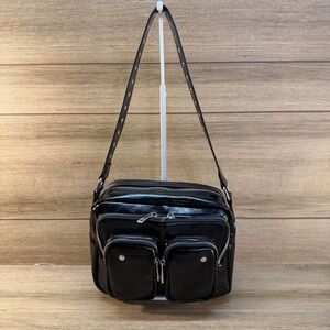 Nunoo Ellie Wrinkle Recycled Crossbody Shoulder Bag Black Silver Rivets